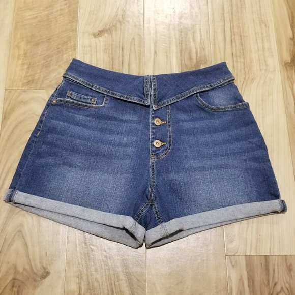 NoBo High Rise Denim Jean Shorts Size 9 Cuffed Foldover Waist Button Fly - Picture 1 of 7